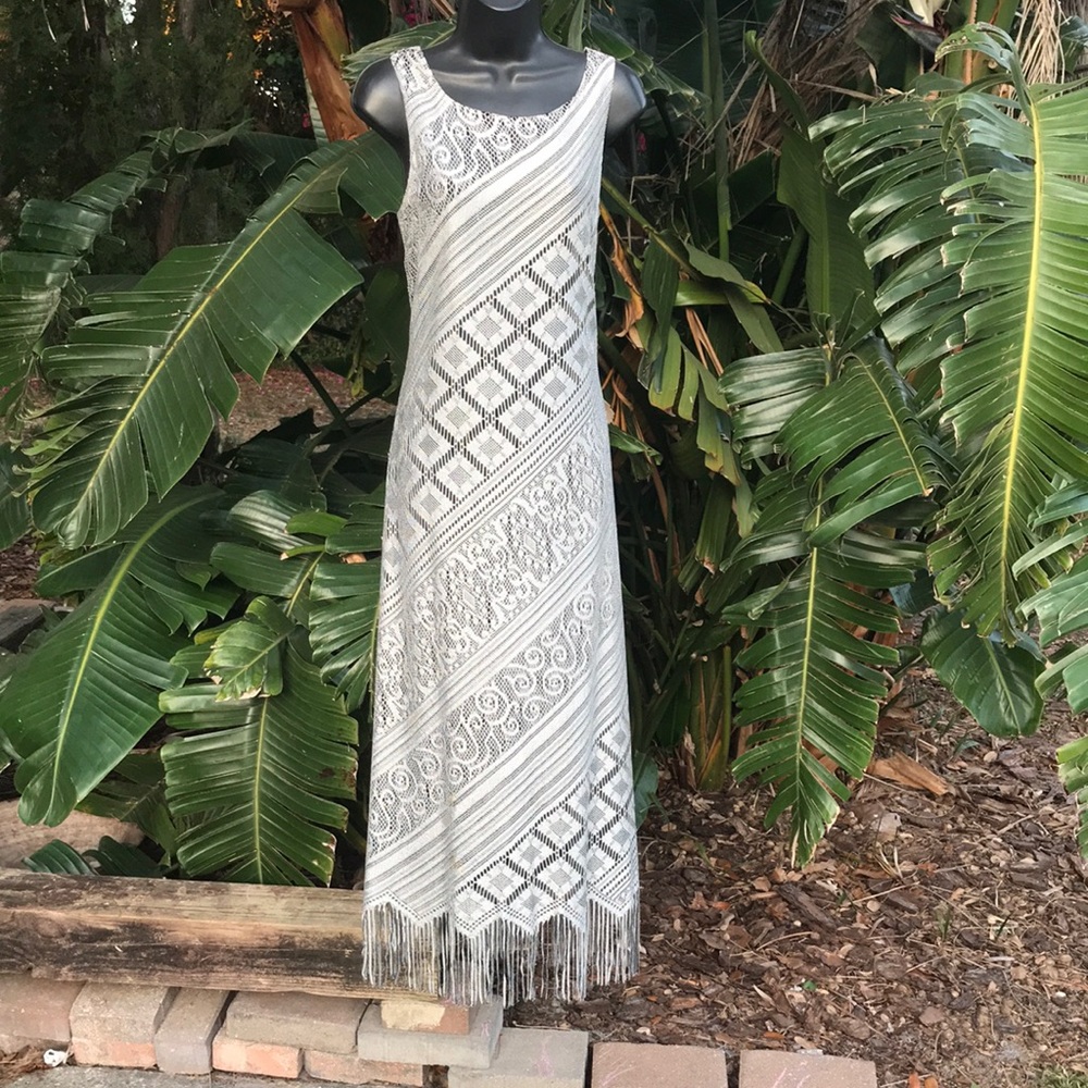 silver crochet lace fringe column dress